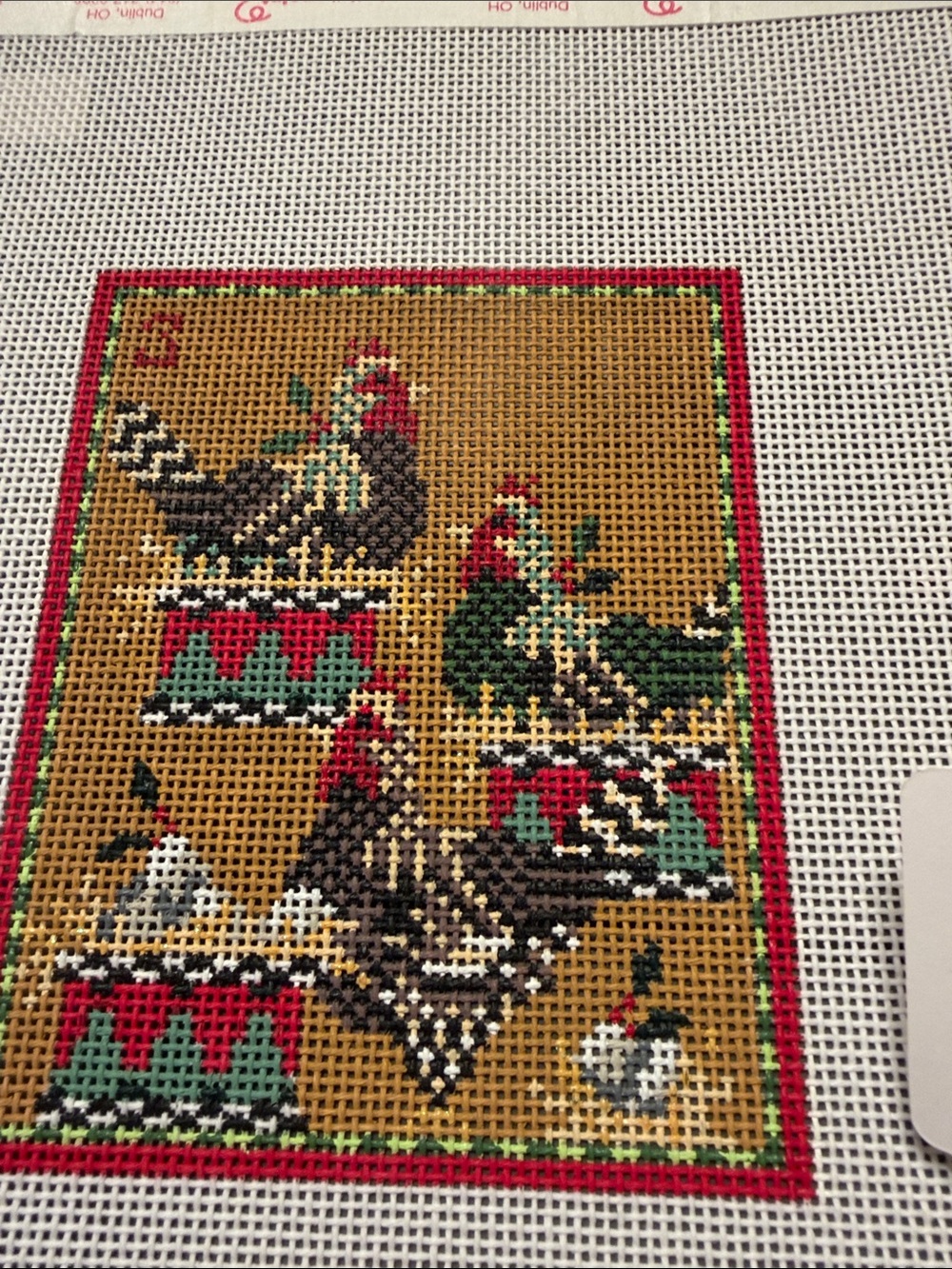 handpainted needlepoint canvas designed by Kelly Clark. "Three French Hens" 🐈‍⬛